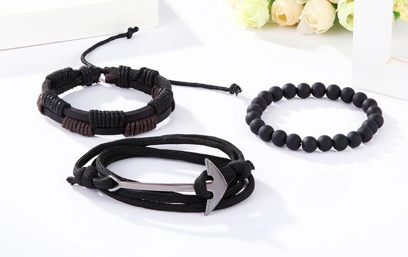 Multi-layer Rope, Bead & Leather Anchor Bracelet 3 Piece Set