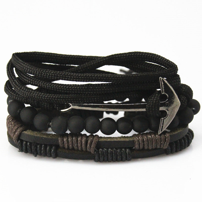 Multi-layer Rope, Bead & Leather Anchor Bracelet 3 Piece Set