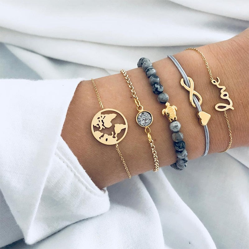 "Love Sea Turtles, Love the Earth" Crystal Bead & Gold 5 Piece Bracelet Set