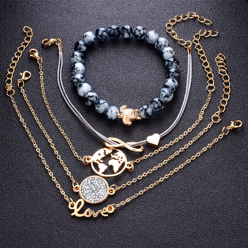"Love Sea Turtles, Love the Earth" Crystal Bead & Gold 5 Piece Bracelet Set