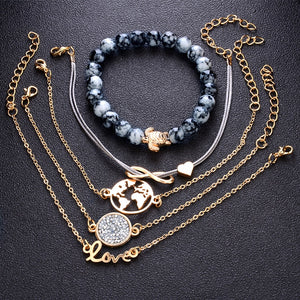"Love Sea Turtles, Love the Earth" Crystal Bead & Gold 5 Piece Bracelet Set